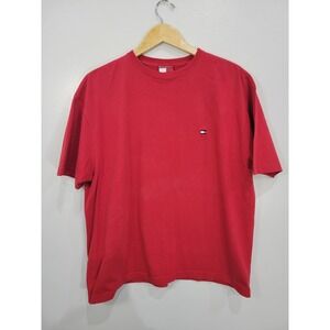 Tommy‎ Hilfiger Mens Red Short Sleeve Flag Logo Tee 90's Cotton T-Shirt Size L